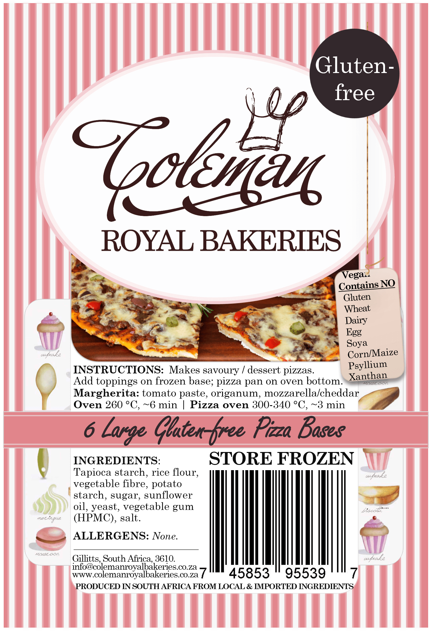 6 Large Frozen Gluten - free Pizza Bases - Coleman Royal Bakeries