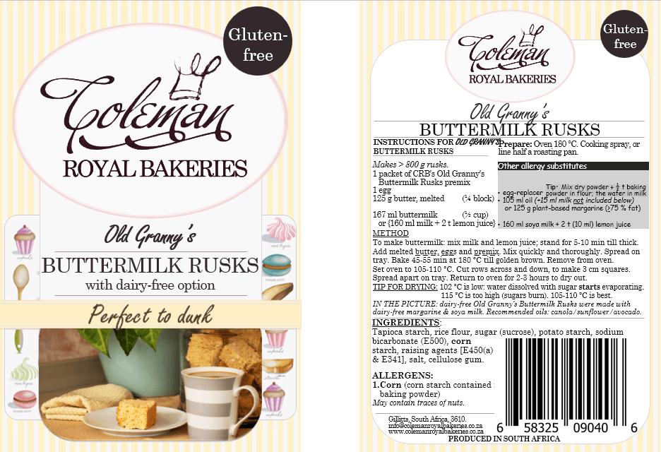 Buttermilk Rusks, makes > 800 g (Gluten-free). 677 g - Coleman Royal Bakeries. Front and back labels.