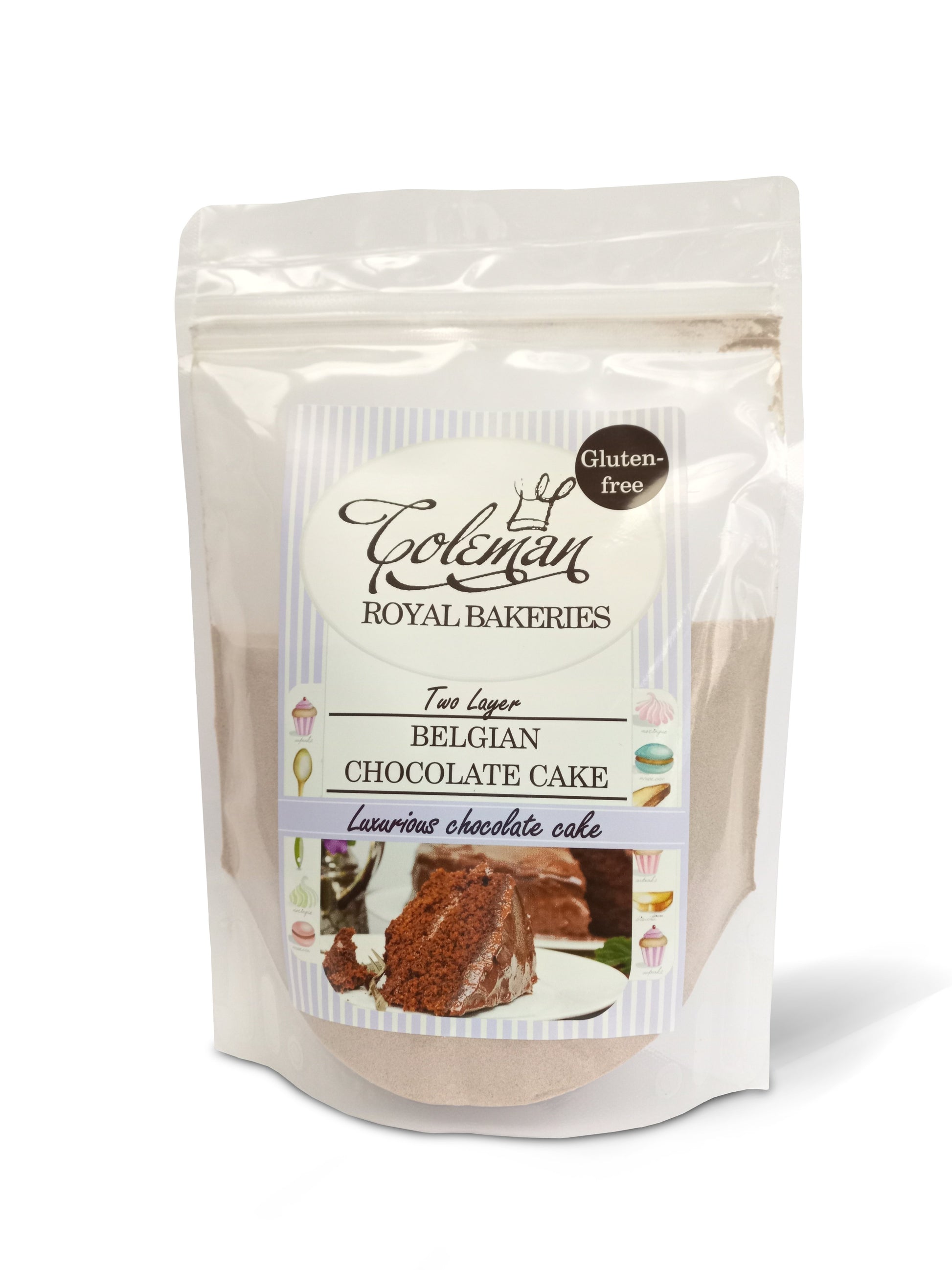 Coleman Royal Bakeries: Belgian Chocolate Cake, makes 2 layers. Certified gluten-free. Front and back labels.