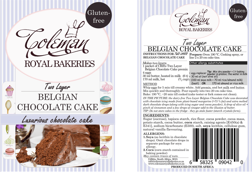 Chocolate Cake, makes 2 layers (Gluten-free). 436 g - Coleman Royal Bakeries
