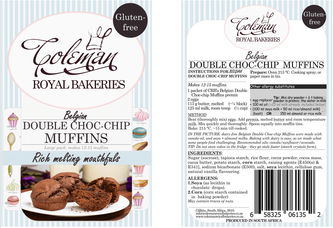 Double Choc-chip Muffins, makes 12-15 (Gluten-free). 507 g - Coleman Royal Bakeries. Front and back labels.