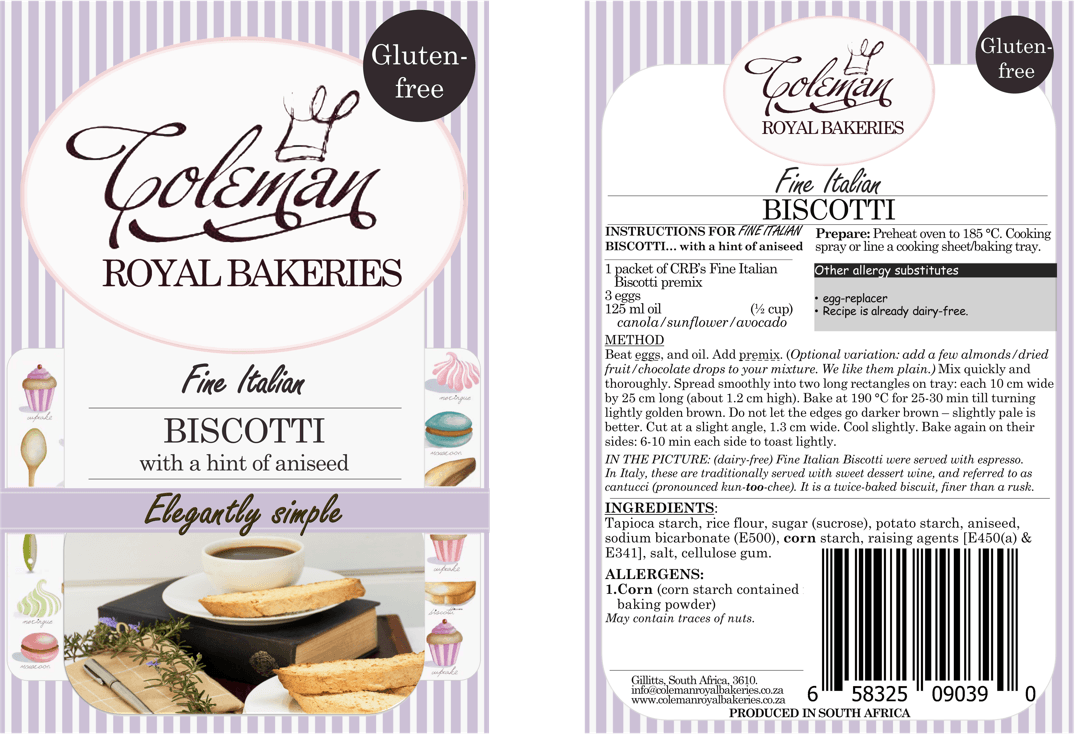 Italian Biscotti, makes > 800 g (Gluten-free). 687 g - Coleman Royal Bakeries. Front and back labels.