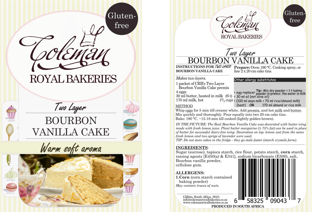 Vanilla Cake, makes 2 layers (Gluten-free). 397 g - Coleman Royal Bakeries. Front and back labels.