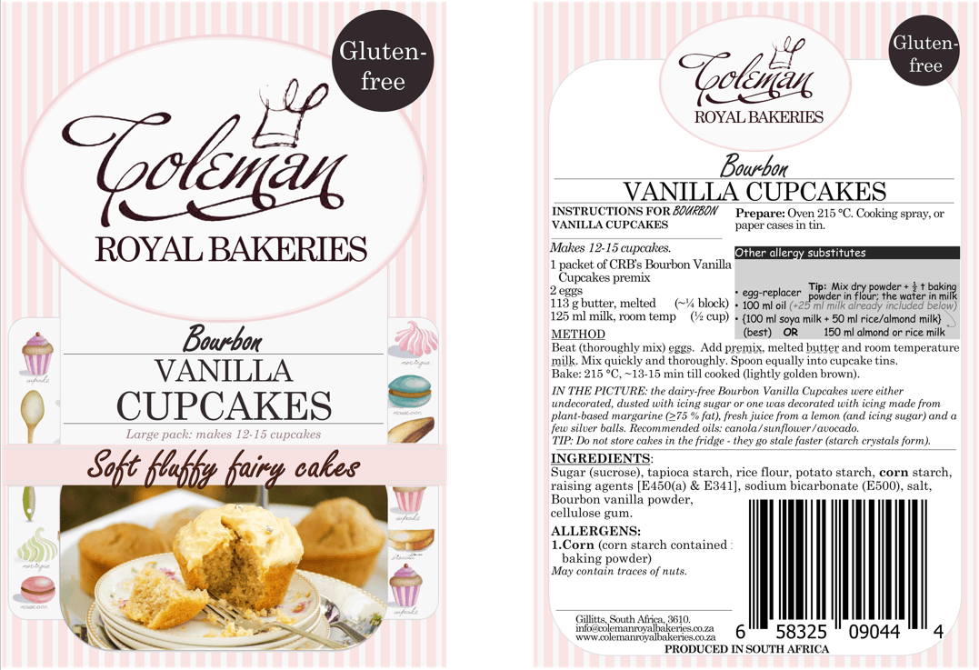 Vanilla Cupcakes, makes 12-15 (Gluten-free). 419 g - Coleman Royal Bakeries, Front and back labels.