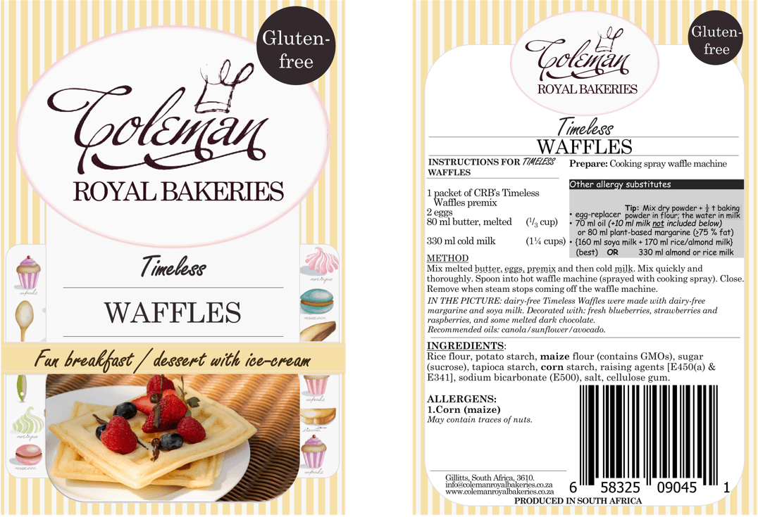 Waffles (Gluten-free). 272 g - Coleman Royal Bakeries. Front and back labels.